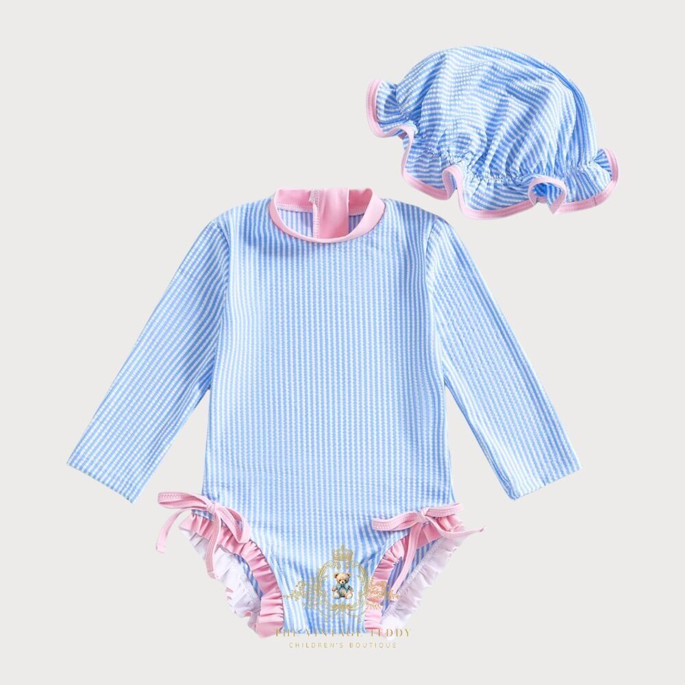 NWT Pretty Girls One-Piece Swimsuit Bonnet Kids Swimwear Girls Beachwear 18-24M